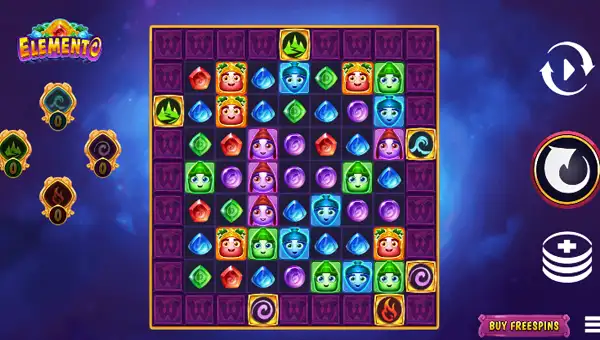 Elemento base game screenshot showing reels and features