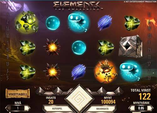 Elements base game screenshot showing reels and features