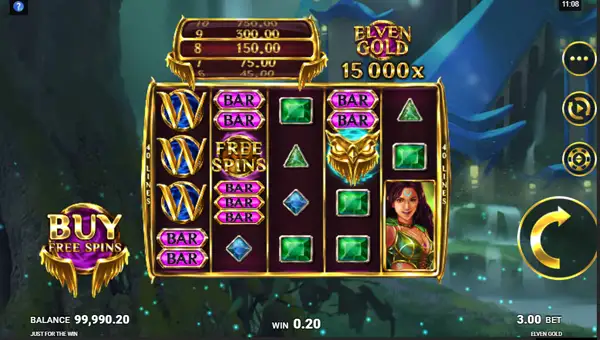 Elven Gold base game screenshot showing reels and features