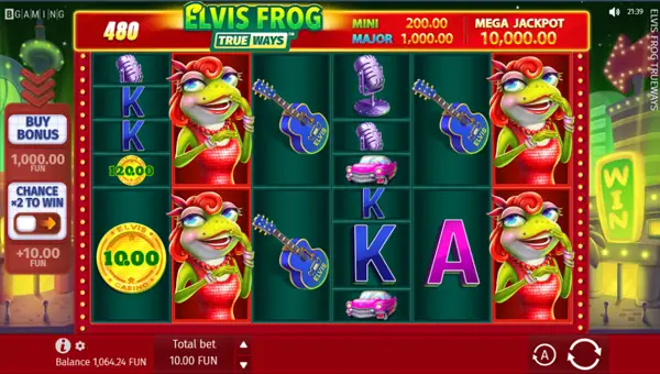 Elvis Frog Trueways base game screenshot showing reels and features