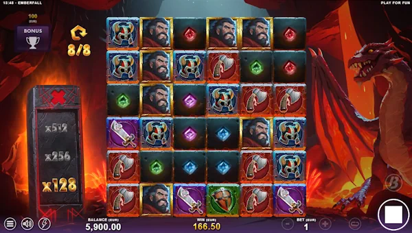Screenshot of Emberfall slot demo showing reels and bonus game features