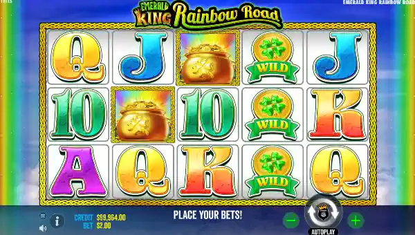 Emerald King Rainbow Road base game screenshot showing reels and features