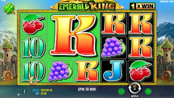 Emerald King base game screenshot showing reels and features