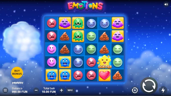 Emotions base game screenshot showing reels and features