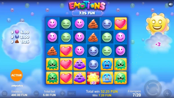 Screenshot of Emotions slot demo showing reels and bonus game features