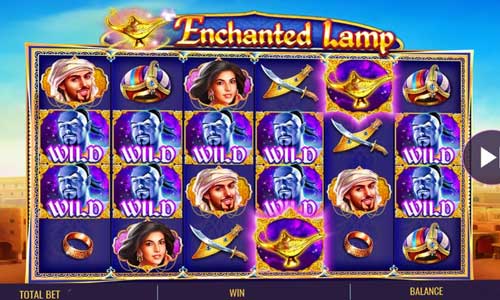 Enchanted Lamp base game screenshot showing reels and features