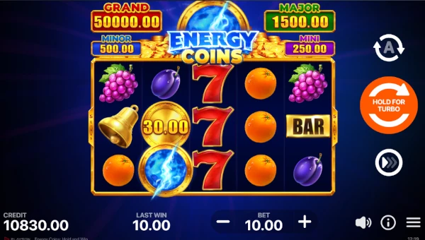 Energy Coins Hold and Win base game screenshot showing reels and features
