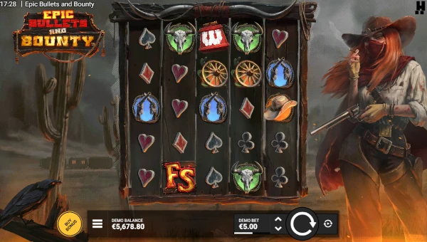 Epic Bullets and Bounty base game screenshot showing reels and features