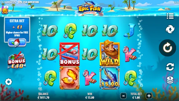Epic Fish Adventure base game screenshot showing reels and features