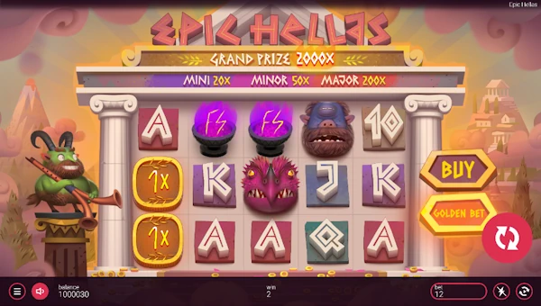 Epic Hellas base game screenshot showing reels and features
