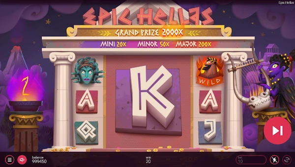Screenshot of Epic Hellas slot demo showing reels and bonus game features