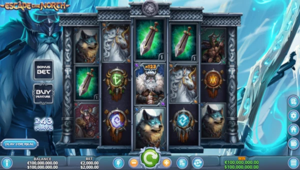 Escape the North base game screenshot showing reels and features