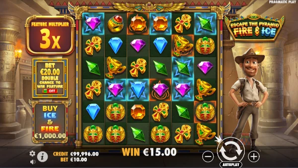 Escape the Pyramid Fire and Ice base game screenshot showing reels and features
