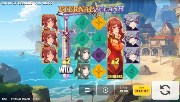 Eternal Clash base game screenshot showing reels and features