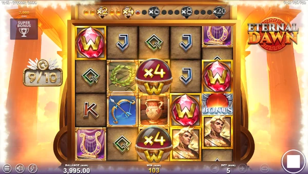Screenshot of Eternal Dawn slot demo showing reels and bonus game features