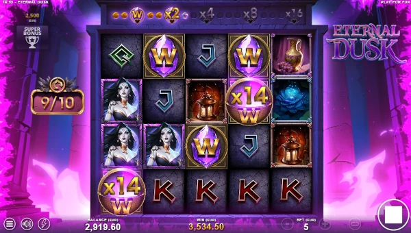 Screenshot of Eternal Dusk slot demo showing reels and bonus game features