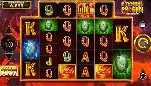Eternal Phoenix Megaways base game screenshot showing reels and features