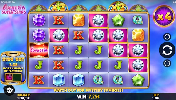 Euphoria Super Stars base game screenshot showing reels and features