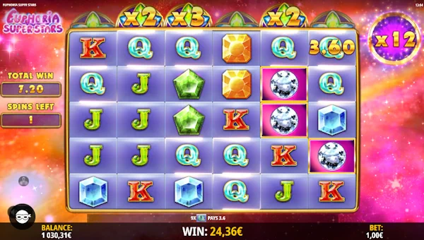 Screenshot of Euphoria Super Stars slot demo showing reels and bonus game features