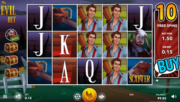 Evil Bet base game screenshot showing reels and features