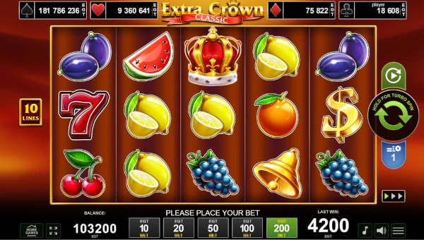 Extra Crown Classic base game screenshot showing reels and features