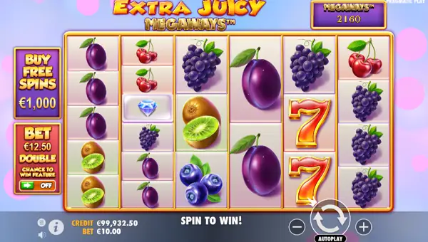 Extra Juicy Megaways base game screenshot showing reels and features