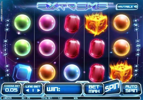 Extreme base game screenshot showing reels and features
