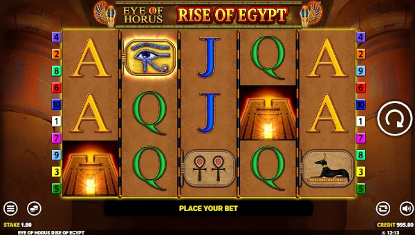 Eye of Horus Rise of Egypt base game screenshot showing reels and features