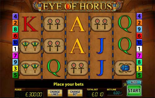 Eye of Horus base game screenshot showing reels and features
