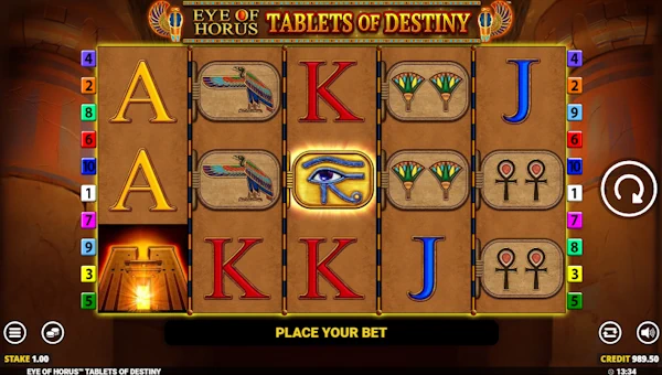 Eye of Horus Tablets of Destiny base game screenshot showing reels and features