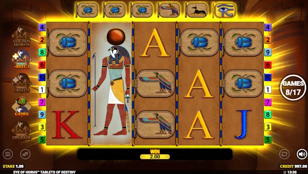 Screenshot of Eye of Horus Tablets of Destiny slot demo showing reels and bonus game features