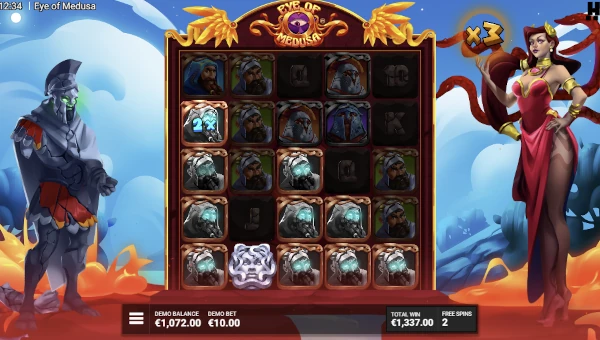 Screenshot of Eye of Medusa slot demo showing reels and bonus game features