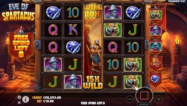 Screenshot of Eye of Spartacus slot demo showing reels and bonus game features