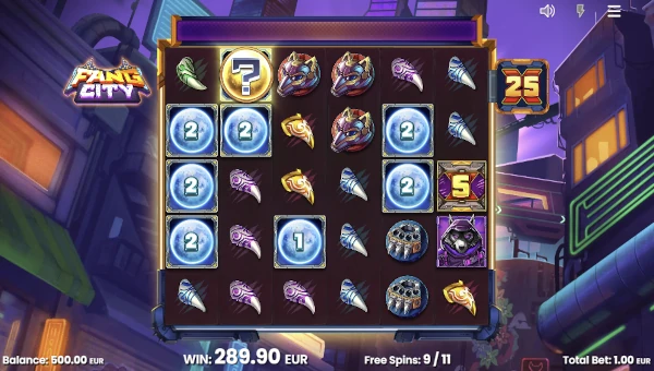 Screenshot of Fang City slot demo showing reels and bonus game features