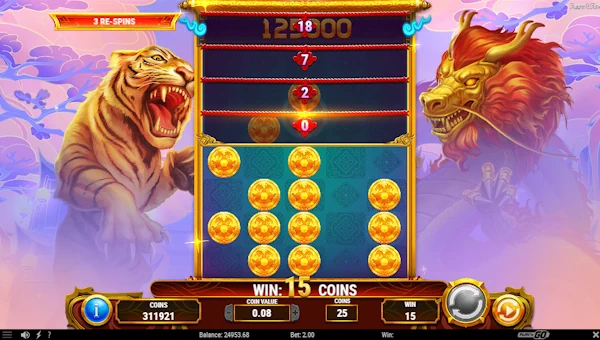 Screenshot of Fangs and Fire slot demo showing reels and bonus game features