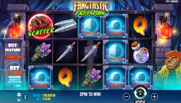 Fangtastic Freespins base game screenshot showing reels and features