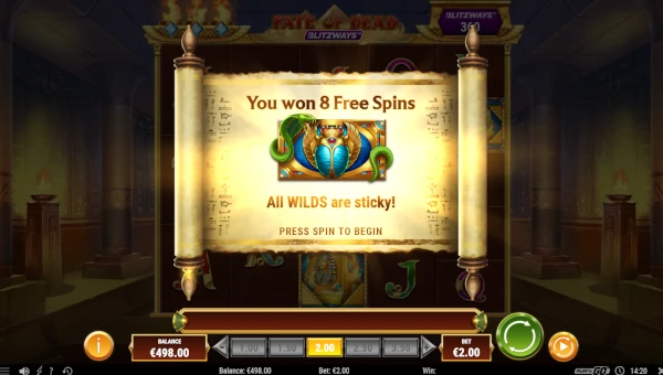 Screenshot of Fate of Dead Blitzways slot demo showing reels and bonus game features