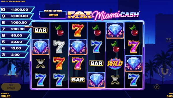 FatStacks Miami Cash base game screenshot showing reels and features