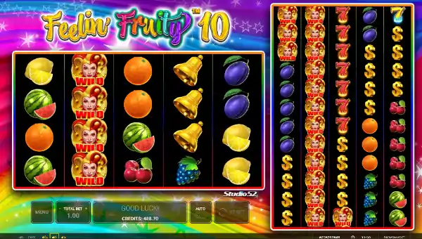 Feelin Fruity 10 base game screenshot showing reels and features