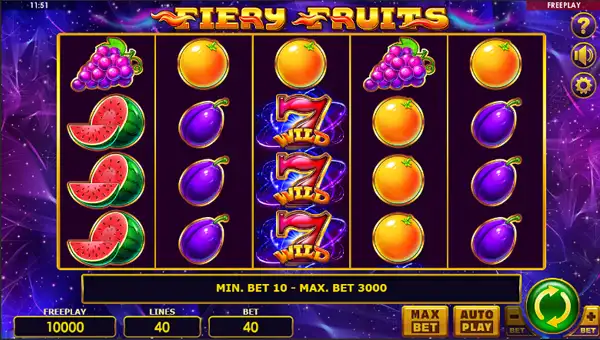 Fiery Fruits base game screenshot showing reels and features