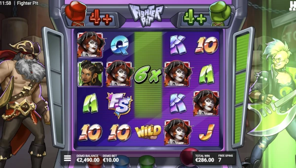 Screenshot of Fighter Pit slot demo showing reels and bonus game features
