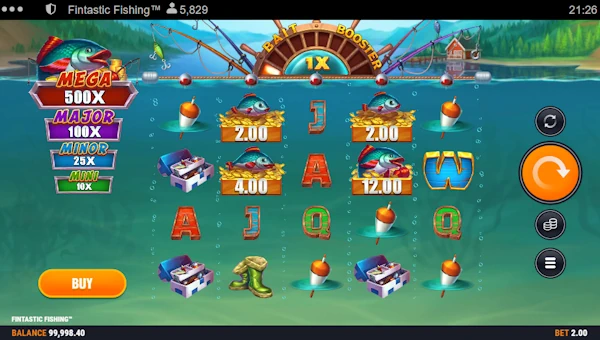 Fintastic Fishing base game screenshot showing reels and features