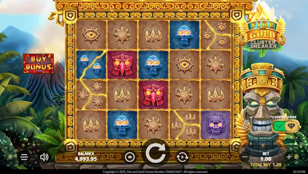 Fire and Gold Cluster Breaker base game screenshot showing reels and features