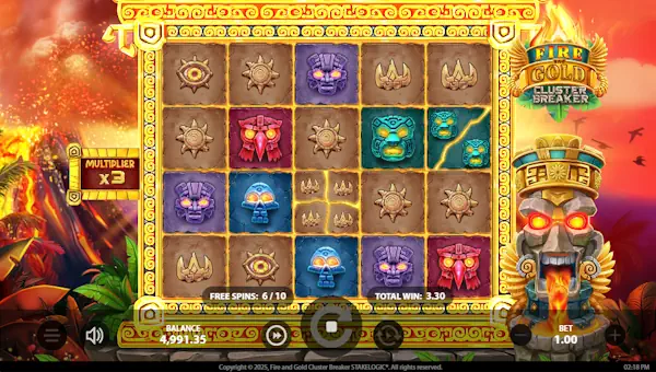 Screenshot of Fire and Gold Cluster Breaker slot demo showing reels and bonus game features