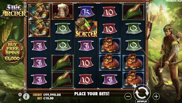 Fire Archer base game screenshot showing reels and features