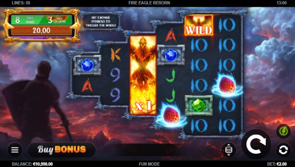 Fire Eagle Reborn base game screenshot showing reels and features