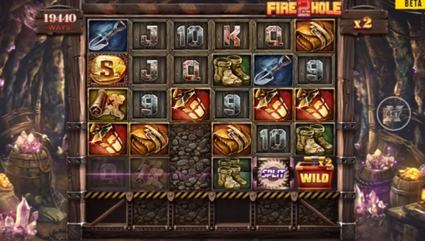 Fire in the Hole 2 base game screenshot showing reels and features