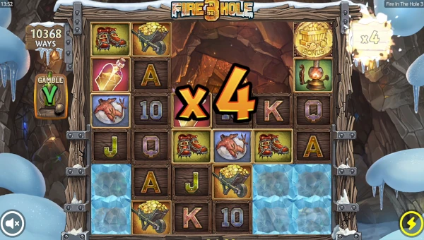 Fire in the Hole 3 base game screenshot showing reels and features