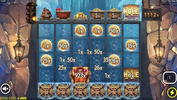 Screenshot of Fire in the Hole 3 slot demo showing reels and bonus game features