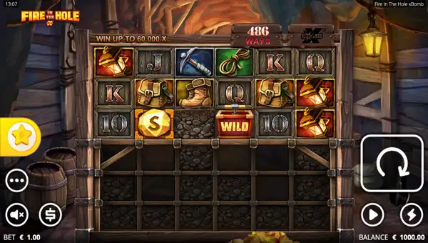 Fire in the Hole base game screenshot showing reels and features